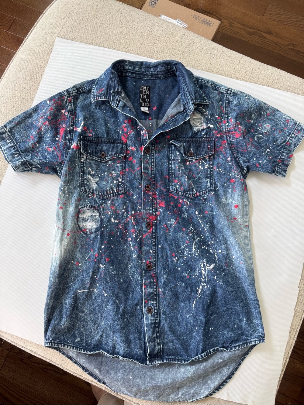 Enter the Void Blue Denim Short-Sleeve Button-Down Shirt with Paint Splatter M